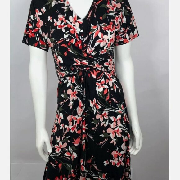 APT.9 Womens Dress Sz Small V-Neck Short Sleeves Flower A-Line Flowy Black Pink - Picture 5 of 11
